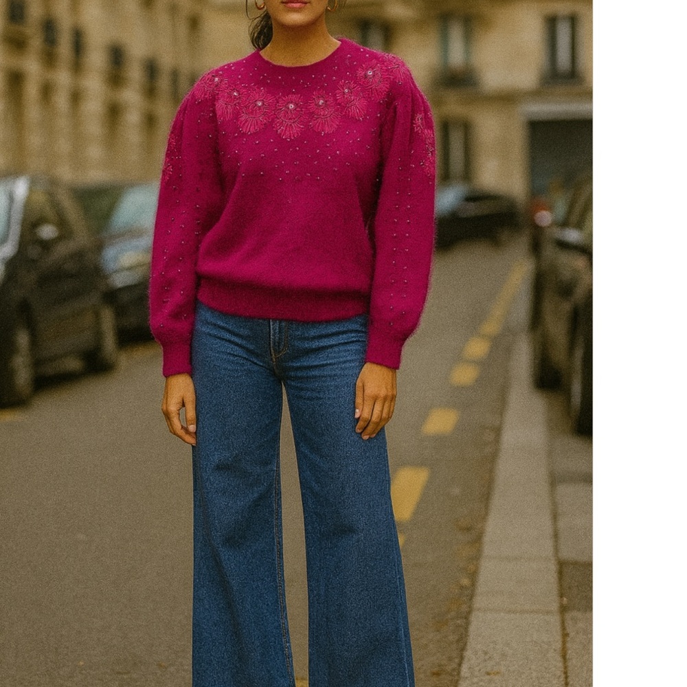 Vintage Eddie Dassin embellished Magenta angora sweater size Small